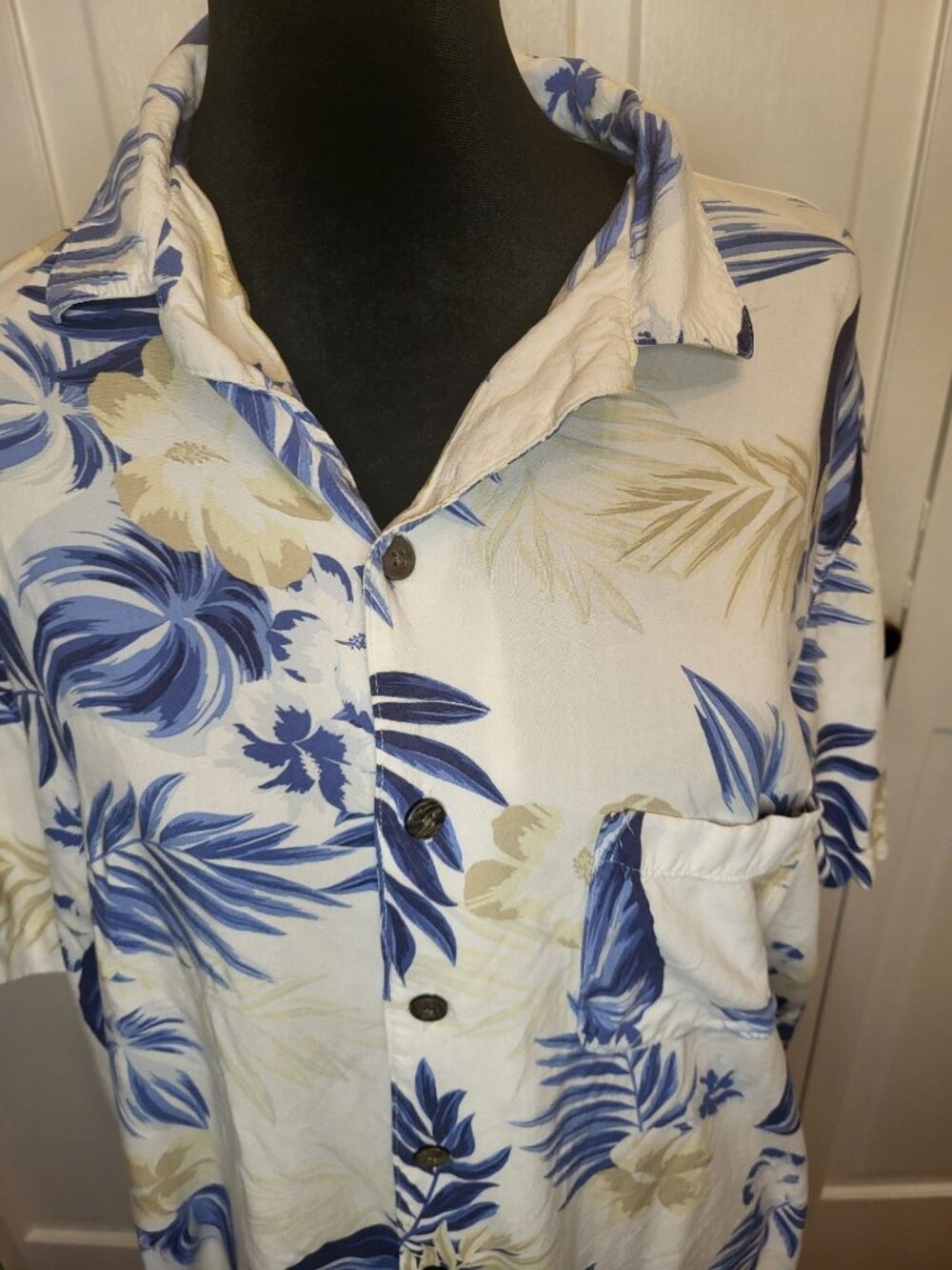 George Vintage 90s Men's Blue White Hawaiian Button Up L Cruise Luau Vacation - Picture 2 of 7
